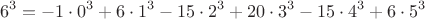 $$ 6^3 = -1 \cdot 0^3 + 6 \cdot 1^3 - 15 \cdot 2^3 + 20 \cdot 3^3 - 15 \cdot 4^3 + 6 \cdot 5^3$$