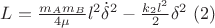 $L=\frac{m_Am_B}{4\mu}l^2\dot{\delta}^2-\frac{k_2l^2}{2}\delta^2\ (2)$