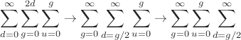 $$\sum\limits_{d=0}^{\infty}\sum\limits_{g=0}^{2d}\sum\limits_{u=0}^{g}\to\sum\limits_{g=0}^{\infty}\sum\limits_{d=g/2}^{\infty}\sum\limits_{u=0}^{g}\to\sum\limits_{g=0}^{\infty}\sum\limits_{u=0}^{g}\sum\limits_{d=g/2}^{\infty}$$