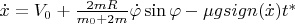 $\dot x =V_0+\frac{2mR}{m_0+2m} \dot \varphi \sin{\varphi}-\mu g sign(\dot x) t^*$