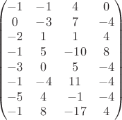 $$\begin{pmatrix}
 -1&  -1& 4 &0 \\ 
 0&  -3&  7& -4\\ 
 -2&  1&  1& 4\\ 
-1&  5& -10 &8 \\ 
 -3&  0&  5& -4\\ 
 -1&  -4&  11& -4\\ 
 -5&  4&  -1& -4\\
-1&  8&  -17& 4\\ 
\end{pmatrix}$$