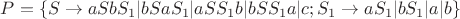 $P=\{S\to{aSbS_{1}|bSaS_{1}|aSS_{1}b|bSS_{1}a|c}; S_{1}\to{aS_{1}|bS_{1}|a|b}\}$ $P=\{S\to{aSbS_{1}|bSaS_{1}|aSS_{1}b|bSS_{1}a|c}; S_{1}\to{aS_{1}|bS_{1}|a|b}\}$
