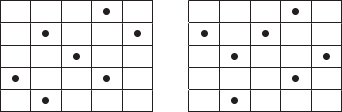 $$\begin{tabular}{|c|c|c|c|c|}
\hline
&&&\bullet&\\
\hline
&\bullet&&&\bullet\\
\hline
&&\bullet&&\\
\hline
\bullet&&&\bullet&\\
\hline
&\bullet&&&\\
\hline
\end{tabular}\qquad
\begin{tabular}{|c|c|c|c|c|}
\hline
&&&\bullet&\\
\hline
\bullet&&\bullet&&\\
\hline
&\bullet&&&\bullet\\
\hline
&&&\bullet&\\
\hline
&\bullet&&&\\
\hline
\end{tabular}