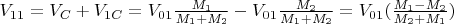 $V_{11}=V_C+V_{1C}=V_{01}\frac{M_1}{M_1+M_2}-V_{01}\frac{M_2}{M_1+M_2}=V_{01}(\frac{M_1-M_2}{M_2+M_1})$