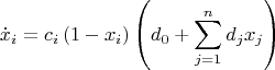 $$\[\dot x_i  = c_i \left( {1 - x_i } \right)\left( {d_0  + \sum\limits_{j = 1}^n {d_j x_j } } \right)\]$$