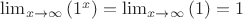 $\lim_{x\rightarrow\infty}\left(1^{x}\right)=\lim_{x\rightarrow\infty}\left(1\right)=1$