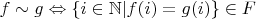 $f \sim g \Leftrightarrow \{i \in \mathbb N| f(i) = g(i)\} \in F$