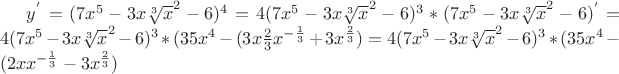 $y^{'} = (7x^5 - 3x \sqrt[3] x^{2}-6)^4 = 4(7x^5 - 3x \sqrt[3] x^{2}-6)^{3}*(7x^5 - 3x \sqrt[3] x^{2}-6)^{'}=4(7x^5 - 3x \sqrt[3] x^{2}-6)^{3}*(35x^{4} - (3x \frac{2}{3}x^{-\frac{1}{3}}+3x^{\frac{2}{3}})=4(7x^5 - 3x \sqrt[3] x^{2}-6)^{3}*(35x^{4} - (2x x^{-\frac{1}{3}}-3x^{\frac{2}{3}})$