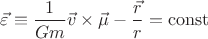 $$\[
\vec \varepsilon  \equiv \frac{1}
{{Gm}}\vec v \times \vec \mu  - \frac{{\vec r}}
{r} = \operatorname{const} 
\]
$$
