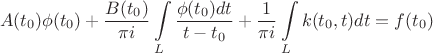 $$A(t_0)\phi(t_0)+\frac{B(t_0)}{\pi i}\int\limits_L\frac{\phi(t_0)dt}{t-t_0}+\frac{1}{\pi i}\int\limits_Lk(t_0,t)dt=f(t_0)$$