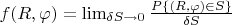 $f(R,\varphi)=\lim_{\delta S\to0}\frac{P\{(R,\varphi)\in S\}}{\delta S}$