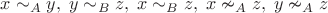 $x\sim_{A}y, \; y\sim_{B}z, \; x\sim_{B}z, \; x\nsim_{A}z,\;  y\nsim_{A}z $