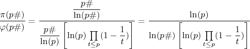 $$\dfrac{\pi(p\#)}{\varphi(p\#)} = \dfrac{\dfrac{p\#}{\ln(p\#)}}{\dfrac{p\#}{\ln(p)}\left[\ln(p)\prod\limits_{t \le p} (1-\dfrac{1}{t})\right]} = \dfrac{\ln(p)}{\ln(p\#)\left[\ln(p)\prod\limits_{t \le p} (1-\dfrac{1}{t})\right]}$$