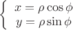 $\left \{ \begin {array}{I}
x=\rho\cos \phi\\
y=\rho\sin \phi\\
\end{array} \right$