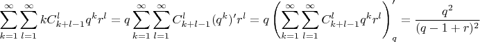 $$ \sum _{k=1} ^\infty \sum _{l=1} ^\infty k C _{k+l-1} ^l q^k r^l = q \sum _{k=1} ^\infty \sum _{l=1} ^\infty C _{k+l-1} ^l (q^k)' r^l =q\left(\sum _{k=1} ^\infty \sum _{l=1} ^\infty C _{k+l-1} ^l q^k r^l \right)'_q = \frac {q^2}{(q-1+r)^2}$$