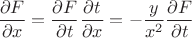 $\dfrac{\partial F}{\partial x}=\dfrac{\partial F}{\partial t}\dfrac{\partial t}{\partial x}=-\dfrac{y}{x^2}\dfrac{\partial F}{\partial t}$