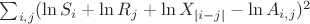 $\sum_{i,j}(\ln S_i + \ln R_j + \ln X_{|i-j|} - \ln A_{i, j})^2$
