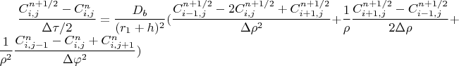 $\dfrac{C_{i,j}^{n+1/2}-C_{i,j}^n}{\Delta\tau/2}=\dfrac{D_b}{(r_1+h)^2}(\dfrac{C_{i-1,j}^{n+1/2}-2C_{i,j}^{n+1/2}+C_{i+1,j}^{n+1/2}}{\Delta\rho^2}+\dfrac{1}{\rho}\dfrac{C_{i+1,j}^{n+1/2}-C_{i-1,j}^{n+1/2}}{2\Delta\rho}+\dfrac{1}{\rho^2}\dfrac{C_{i,j-1}^n-C_{i,j}^n+C_{i,j+1}^n}{\Delta\varphi^2})$