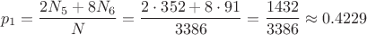 $$p_1=\frac{2N_5+8N_6}{N}=\frac{2\cdot 352+8\cdot 91}{3386}=\frac{1432}{3386}\approx 0.4229$$
