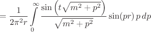 $$
= \frac{1}{2 \pi^2 r} \int\limits_{0}^{\infty}
\frac{ \sin \left( t \sqrt{m^2 + p^2} \right) }{\sqrt{m^2 + p^2}} \sin(p r) \, p \, dp
$$