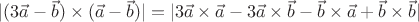 $|(3\vec{a}-\vec{b}) \times (\vec{a}-\vec{b})|=  |3\vec{a}\times\vec{a}-3\vec{a}\times\vec{b}-\vec{b}\times\vec{a}+\vec{b}\times\vec{b}|$