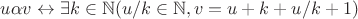 $u \alpha v \leftrightarrow \exists k \in \mathbb{N} (u/k \in \mathbb{N} , v = u + k + u/k + 1 )$