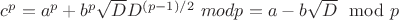 $c^p=a^p+b^p\sqrt D D^{(p-1)/2} \ mod p = a-b\sqrt D\mod p$