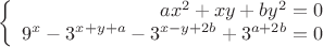$$\left\{
\begin{array}{rcl}
 ax^2+xy+by^2=0 \\
 9^x-3^{x+y+a}-3^{x-y+2b}+3^{a+2b}=0 \\
\end{array}
\right.$$