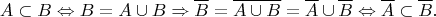 $$A\subset B \Leftrightarrow B = A\cup B \Rightarrow \overline B = \overline{A\cup B} = \overline A\cup\overline B \Leftrightarrow \overline A\subset\overline B.$$