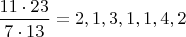 $\dfrac{11\cdot23}{7\cdot13}=2, 1, 3, 1, 1, 4, 2$