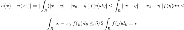 $$|u(x)-u(x_0)|=|\int_{R} (|x-y|-|x_0-y|)f(y)dy| \leq \int_{R} ||x-y|-|x_0-y||f(y)dy \leq $$ $$\int_{R} |x-x_0|f(y)dy \leq \delta /2 \int_{R} f(y)dy = \epsilon $$