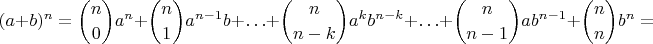 $$(a + b)^n = \binom {n}{0}a^n + \binom {n}{1}a^{n - 1}b + \ldots + \binom {n}{n-k}a^k{b^{n - k}} + \ldots + \binom {n}{n-1}a{b^{n - 1}} + \binom {n}{n}b^n = $$