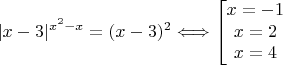 $$ |x-3|^{x^2-x} = (x-3)^2 \Longleftrightarrow \left[
\begin{matrix}
x = -1\\
x = 2\\
x = 4
\end{matrix} \right.$$