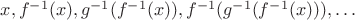 $x, f^{-1}(x), g^{-1}(f^{-1}(x)), f^{-1}(g^{-1}(f^{-1}(x))), \ldots$