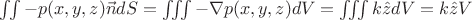 $\iint -p(x,y,z) \vec{n} dS = \iiint -\nabla p(x,y,z) dV = \iiint k \hat{z} dV = k \hat{z} V$