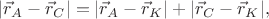 $|\vec r_{A}-\vec r_{C}|=|\vec r_{A}-\vec r_{K}|+|\vec r_{C}-\vec r_{K}|,$