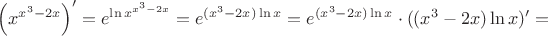 $\left(x^{x^3-2x}\right)'=e^{\ln x^{x^3-2x}}=e^{(x^3-2x)\ln x}=e^{(x^3-2x)\ln x}\cdot ((x^3-2x)\ln x)'=$