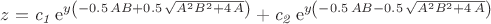 $ z={\it c_1}\,{{\rm e}^{y \left( -0.5\,AB+0.5\,\sqrt {{A}^{2}{B}^{2}+4\,A}
 \right) }}+{\it c_2}\,{{\rm e}^{y \left( -0.5\,AB-0.5\,\sqrt {{A}^{2}{
B}^{2}+4\,A} \right) }}
$