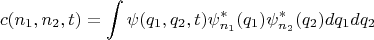$$c(n_1,n_2,t)=\int \psi(q_1,q_2,t)\psi^*_{n_1}(q_1)\psi^*_{n_2}(q_2)dq_1dq_2$$