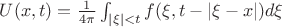 $U(x,t)=\frac{1}{4\pi} \int_{|\xi|<t} f(\xi, t-|\xi-x|)d\xi $