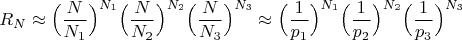 $$R_N\approx \Big(\frac{N}{N_1}\Big)^{N_1}\Big(\frac{N}{N_2}\Big)^{N_2}\Big(\frac{N}{N_3}\Big)^{N_3}\approx \Big(\frac{1}{p_1}\Big)^{N_1}\Big(\frac{1}{p_2}\Big)^{N_2}\Big(\frac{1}{p_3}\Big)^{N_3}$$