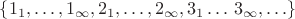 $\{1_{1},\ldots,1_{\infty},2_{1},\ldots,2_{\infty},3_1\ldots\,3_\infty,\ldots\}$