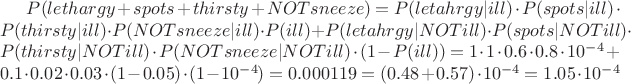 $P(lethargy+spots+thirsty+NOTsneeze)=P(letahrgy|ill)\cdot P(spots|ill) \cdot P(thirsty|ill)\cdot P(NOTsneeze|ill) \cdot P(ill) +P(letahrgy|NOTill) \cdot P(spots|NOTill) \cdot P(thirsty|NOTill) \cdot P(NOTsneeze|NOTill)\cdot (1-P(ill))=1\cdot1\cdot0.6\cdot 0.8\cdot 10^{-4}+0.1\cdot0.02\cdot0.03\cdot (1-0.05) \cdot(1-10^{-4})=0.000119=(0.48+0.57)\cdot 10^{-4}=1.05\cdot 10^{-4}$