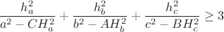 $$\frac{h_{a}^{2}}{a^2-CH_{a}^2}+\frac{h_{b}^{2}}{b^2-AH_{b}^2}+\frac{h_{c}^{2}}{c^2-BH_{c}^2}\geq 3$$