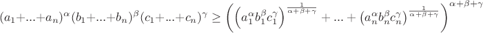 $$(a_1+...+a_n)^{\alpha}(b_1+...+b_n)^{\beta}(c_1+...+c_n)^{\gamma}\geq\left(\left(a_1^{\alpha}b_1^{\beta}c_1^{\gamma}\right)^{\frac{1}{\alpha+\beta+\gamma}}+...+\left(a_n^{\alpha}b_n^{\beta}c_n^{\gamma}\right)^{\frac{1}{\alpha+\beta+\gamma}}\right)^{\alpha+\beta+\gamma}$$