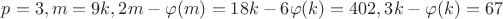 $p=3, m=9k, 2m- \varphi (m) = 18k - 6 \varphi (k) = 402, 3k - \varphi (k) = 67$