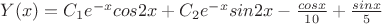 $Y(x)=C_1{e^{-x}}cos{2x}+C_2{e^{-x}}sin{2x}-\frac{cos{x}}{10}+\frac{sin{x}}{5}$