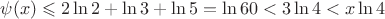 $$\psi(x)\leqslant 2\ln 2+\ln 3+\ln 5=\ln 60<3\ln 4<x \ln 4$$