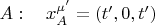 $A:\quad x^{\mu'}_A=(t',0,t')$