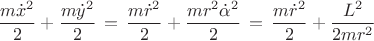 $$\frac{m\dot{x}^2}{2}+\frac{m\dot{y}^2}{2}\,=\,\frac{m\dot{r}^2}{2}+\frac{mr^2\dot{\alpha}^2}{2}\,=\,\frac{m\dot{r}^2}{2}+\frac{L^2}{2mr^2}$$